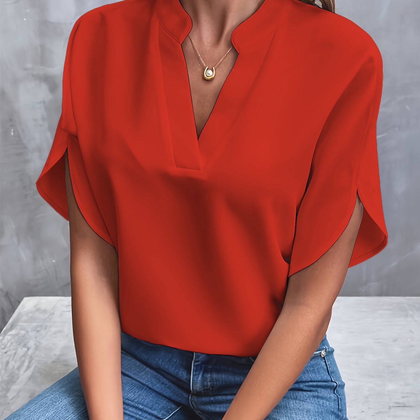 Notch Neck Tulip Sleeve Blouse