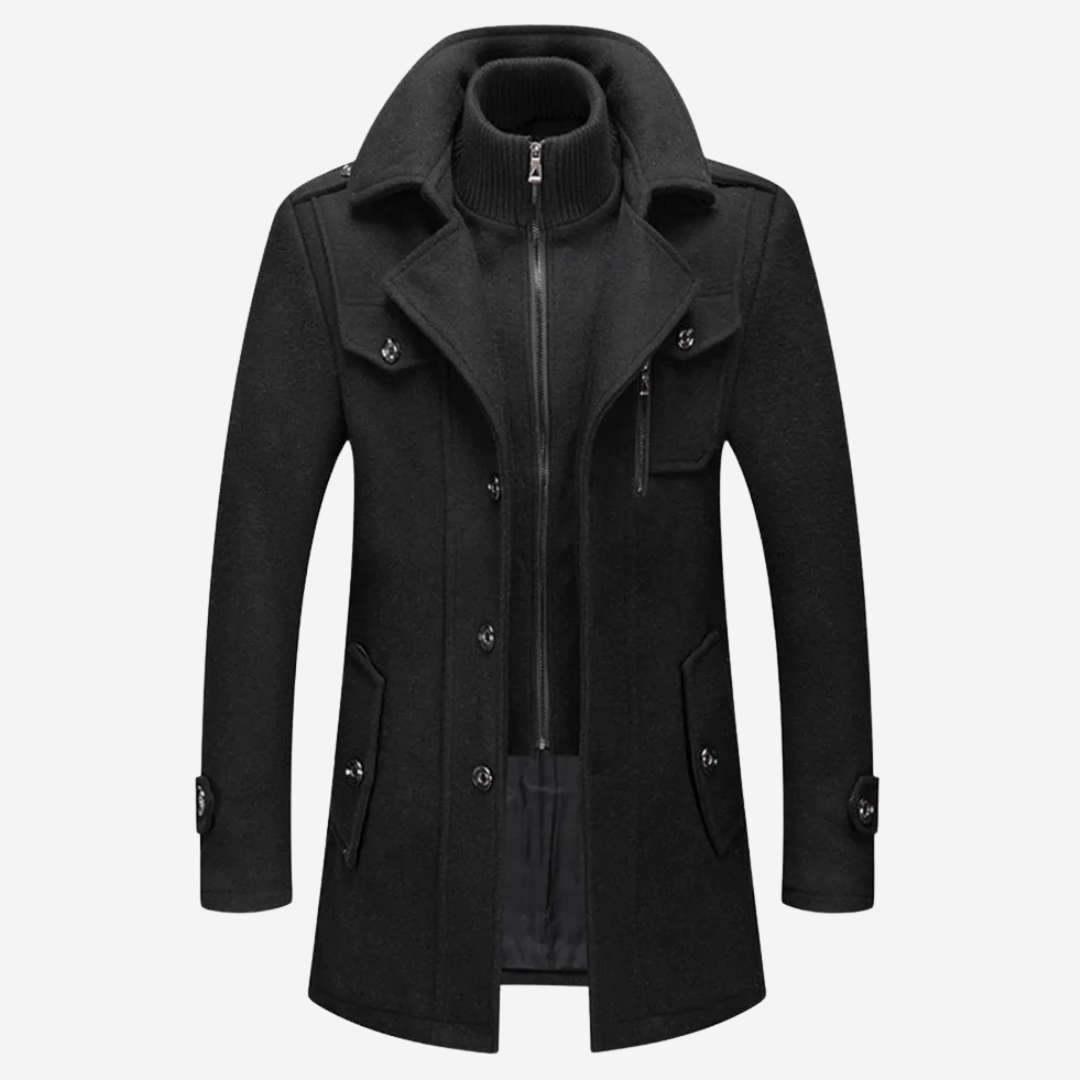 Zack™ | Wool-blend military coat with zip-in stand collar