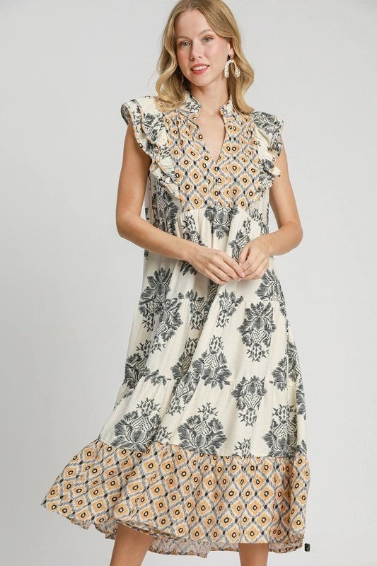 Artistic Floral Print Ruffle Sleeve Maxi Dress