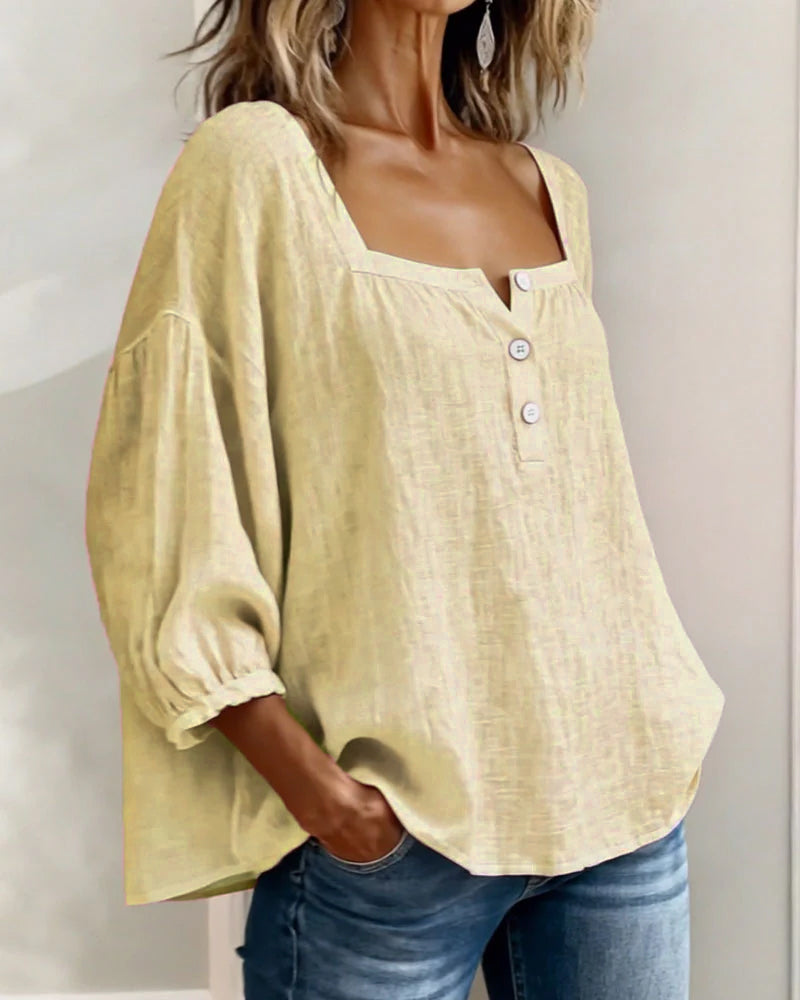Solid Button-Neck Relaxed Blouse