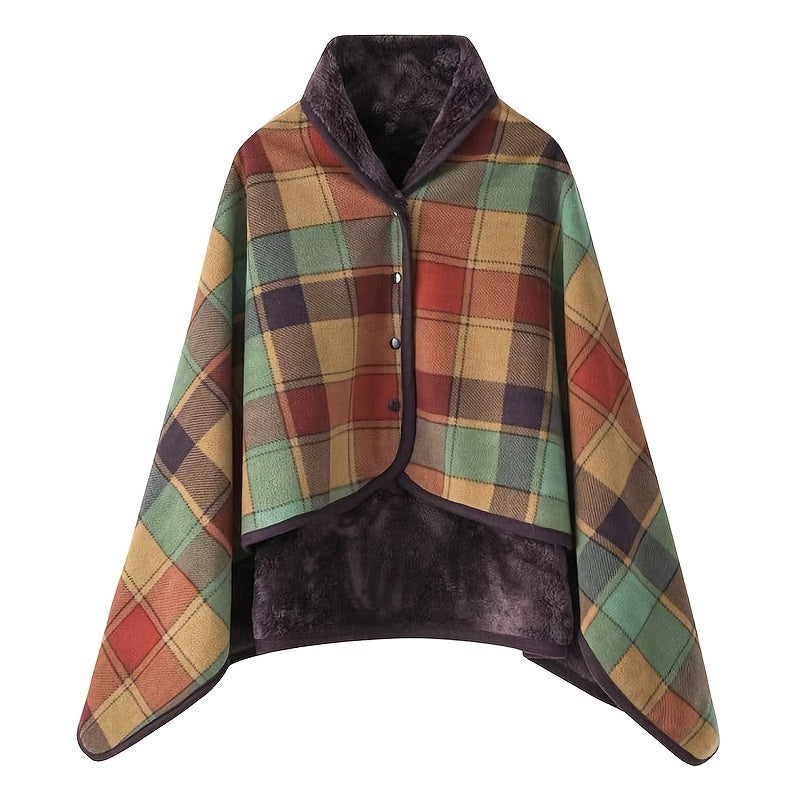 Steela™ | Plaid Fleece-Lined Buttoned Poncho Cape