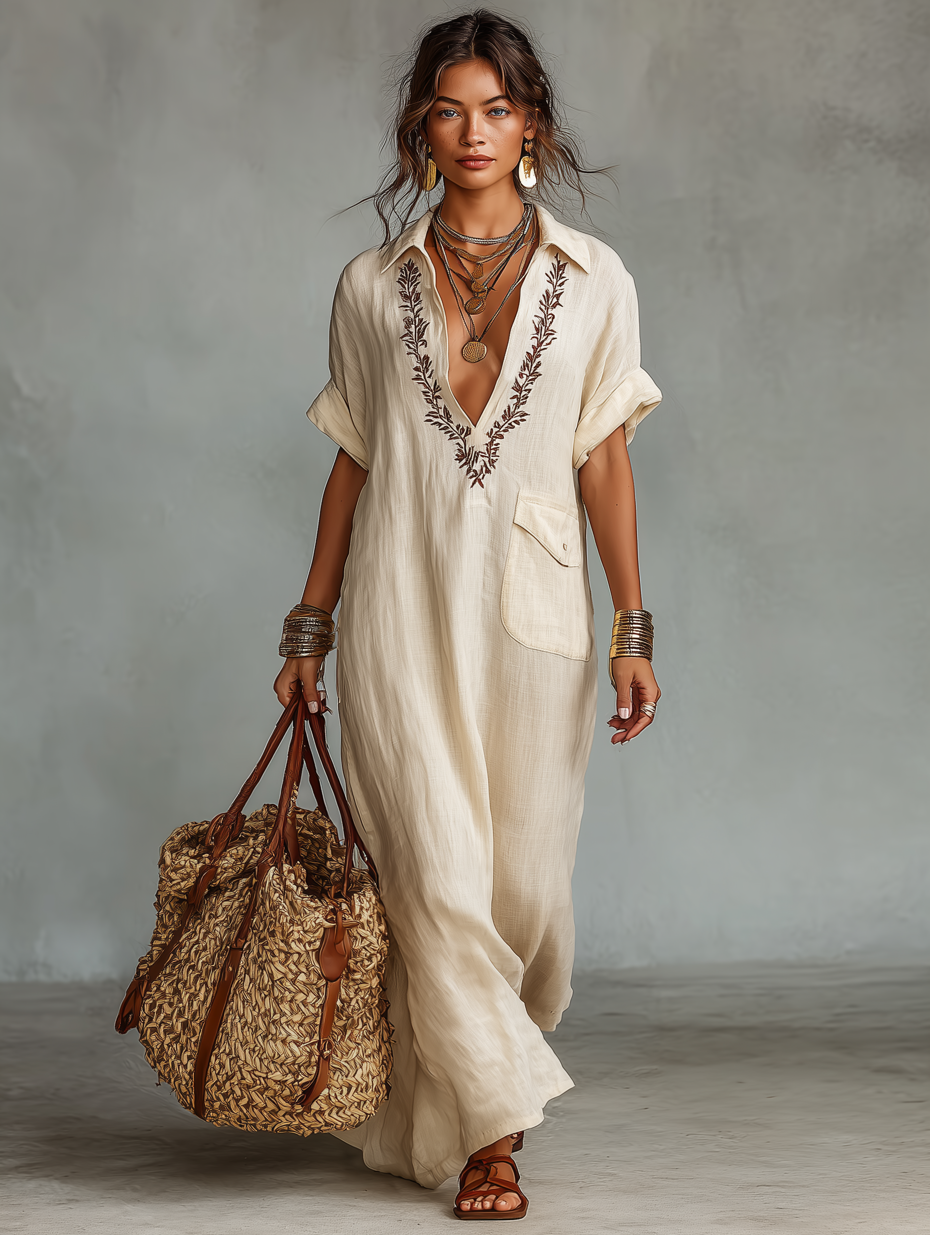 Embroidered Boho Linen Shirt Maxi Dress