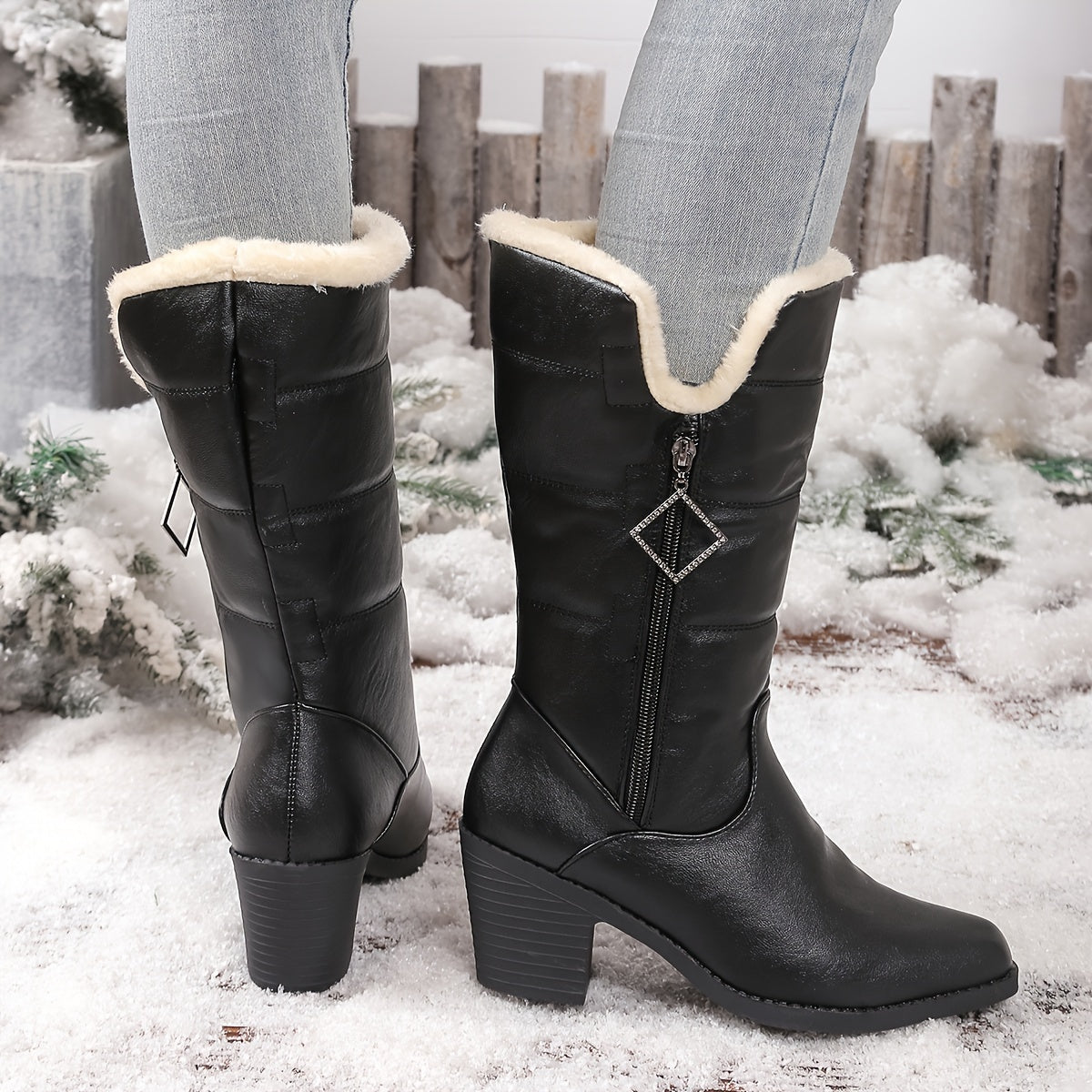 Beryl™ | Faux-fur cuff side-zip heeled knee-high boots