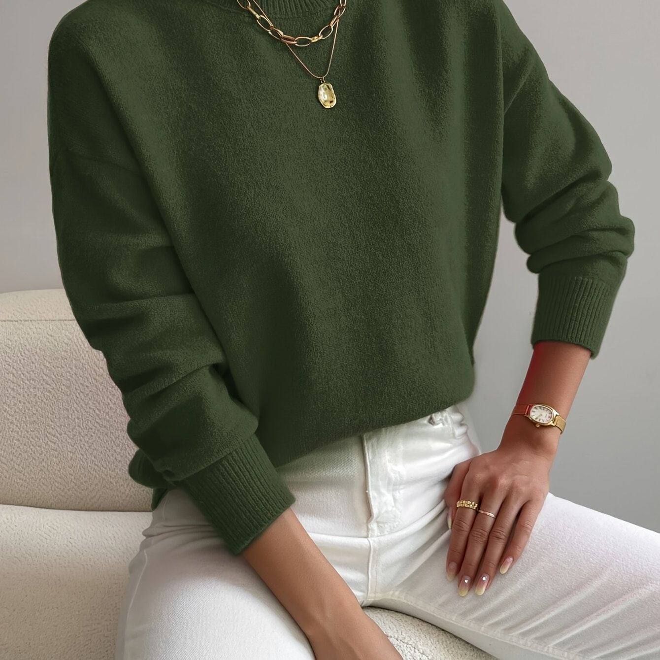 Roslyn™ | Ribbed-Trim Long-Sleeve Mock-Neck Sweater