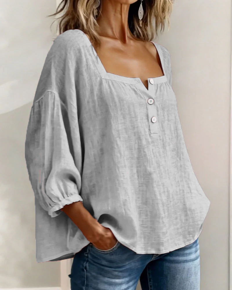 Solid Button-Neck Relaxed Blouse