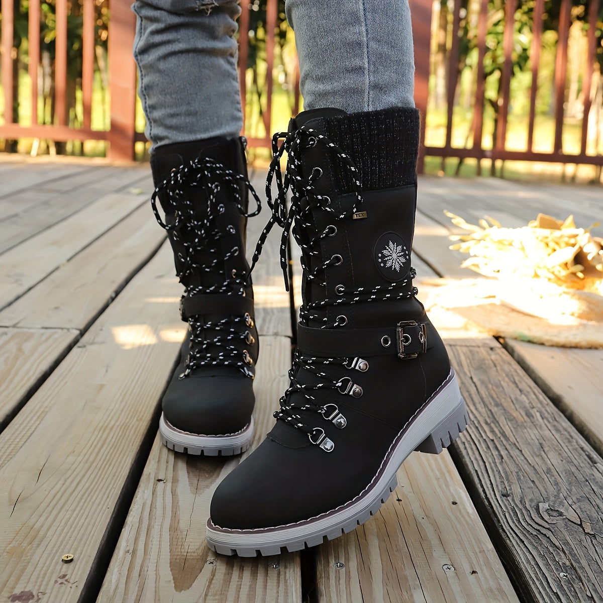 Cordelia™ | Knit-cuff buckle-strapped lace-up hiking boots