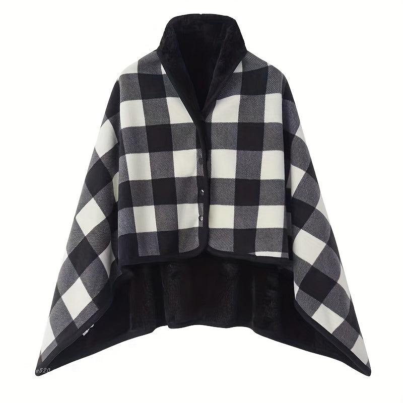 Steela™ | Plaid Fleece-Lined Buttoned Poncho Cape