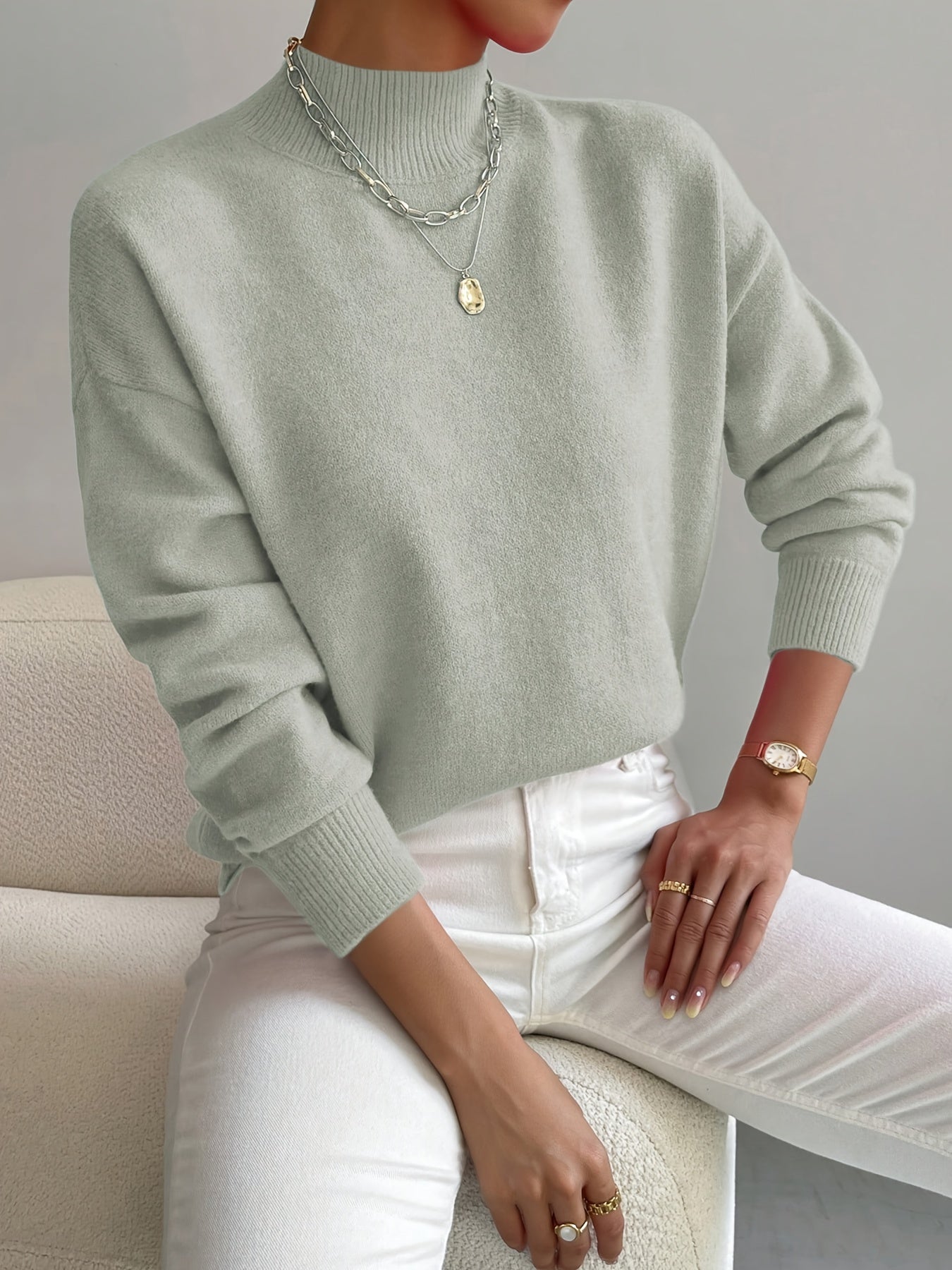 Roslyn™ | Ribbed-Trim Long-Sleeve Mock-Neck Sweater