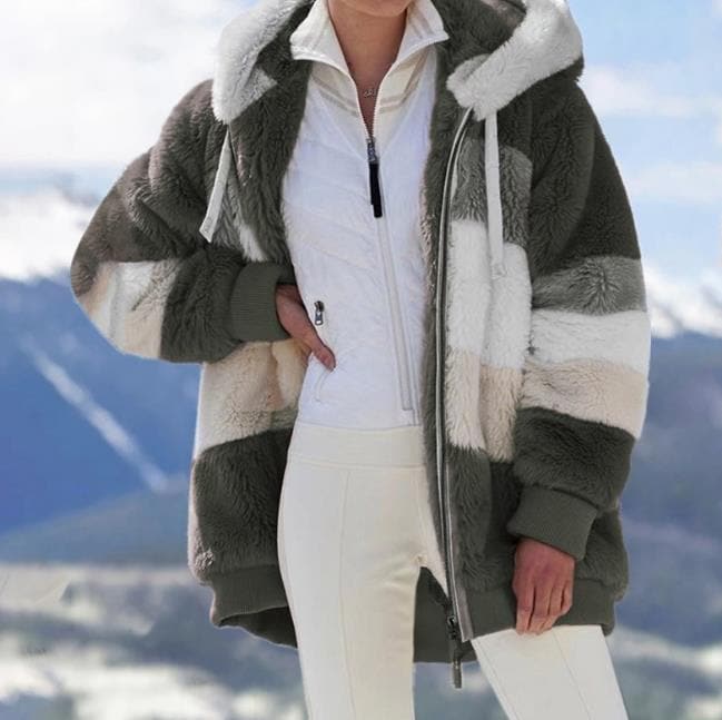 Oversized Color Block Fuzzy Hooded Jacket