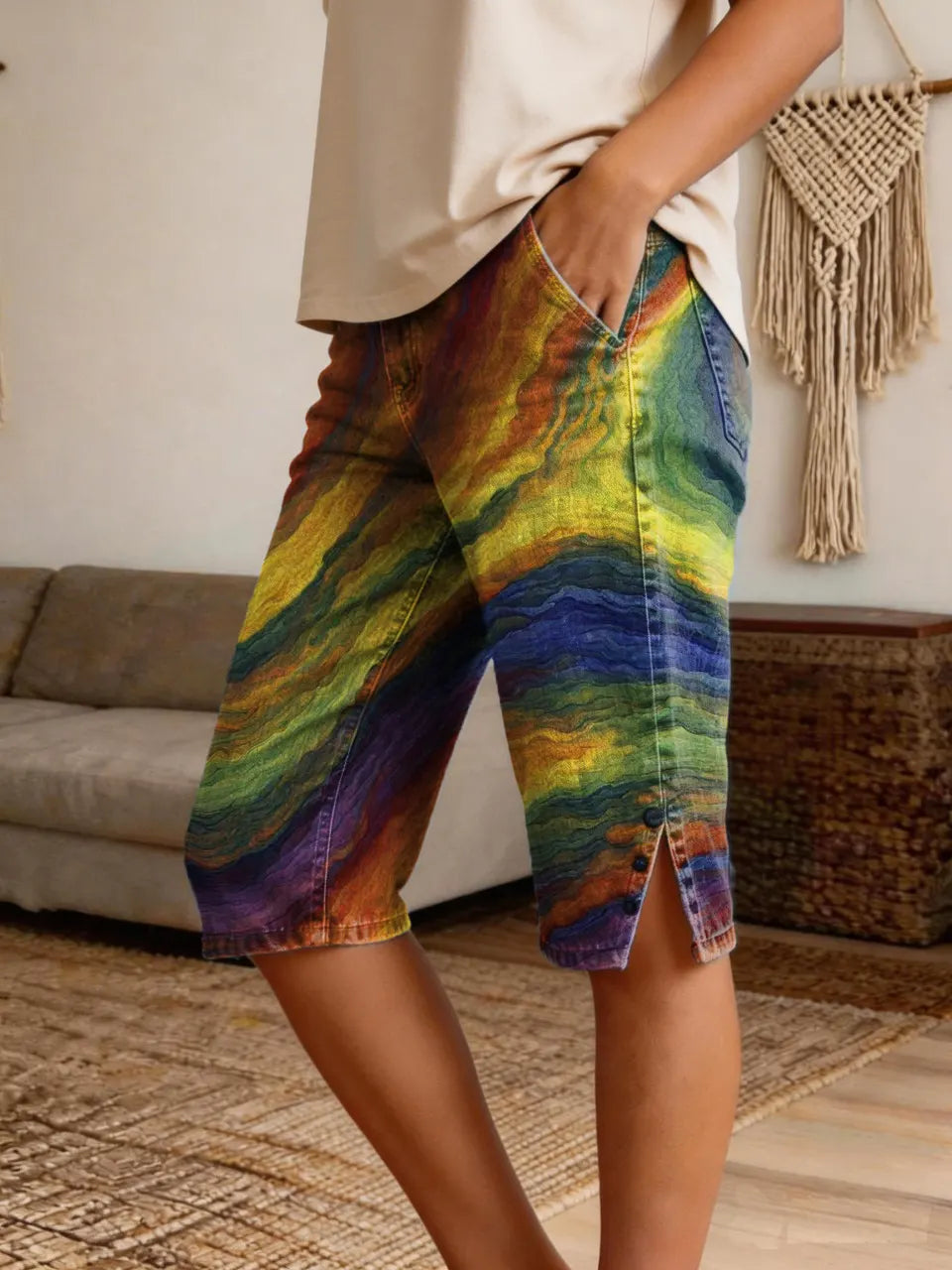 Marble-Print Boho Colorful Denim Bermuda Shorts