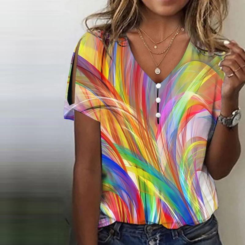 Rainbow Swirl Print V-Neck Casual Tee