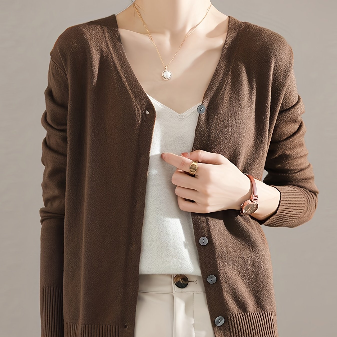 Solène™ | Button-Front Ribbed-Cuff V-Neck Cardigan Sweater