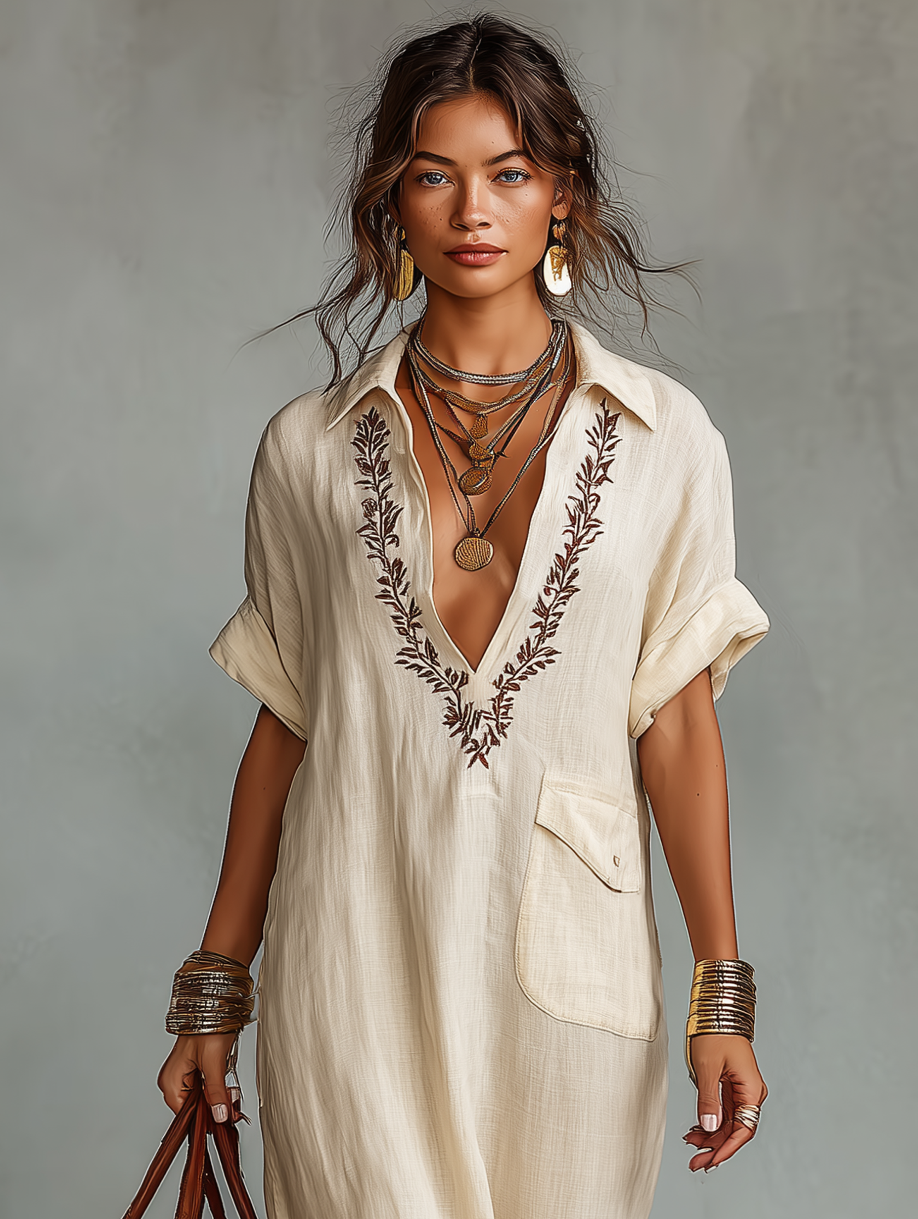 Embroidered Boho Linen Shirt Maxi Dress
