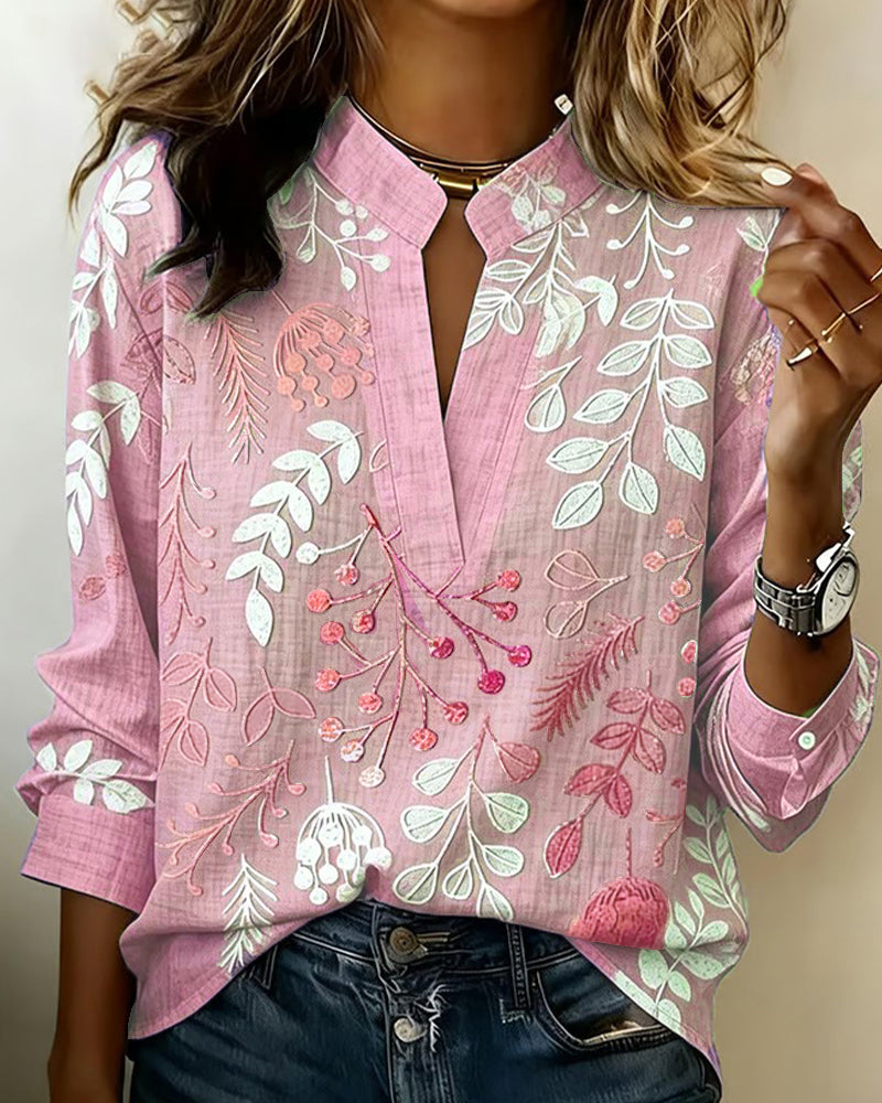 Blouse with Floral Print and Stand-Up Collar