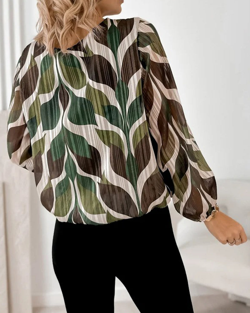 Artistic Leaf Print Pleated Long-Sleeve Blouse