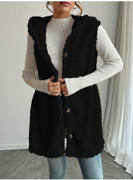 Laetitia™ | Hooded Textured Buttoned Sleeveless Vest