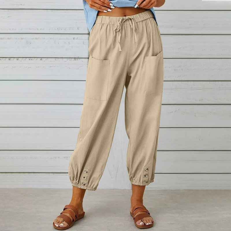 Comfortable Button Hem Cropped Pants