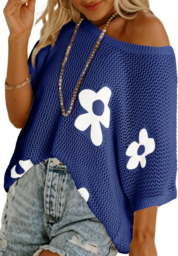 Artistic Floral Mesh Knit Batwing Shirt