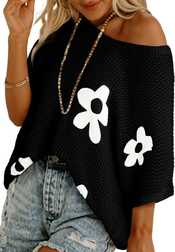 Artistic Floral Mesh Knit Batwing Shirt