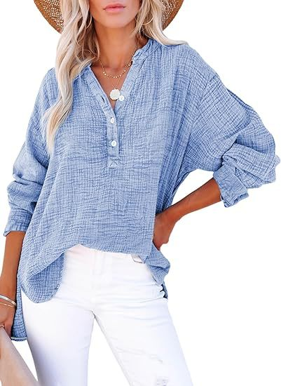 Casual Button-Down Textured Long-Sleeve Blouse