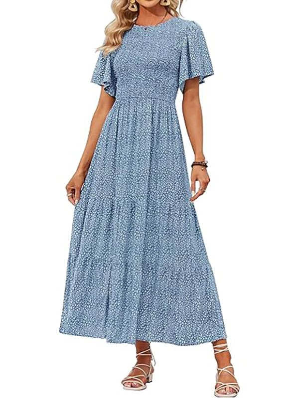 Elegant Lilac Floral Smocked Tiered Maxi Dress