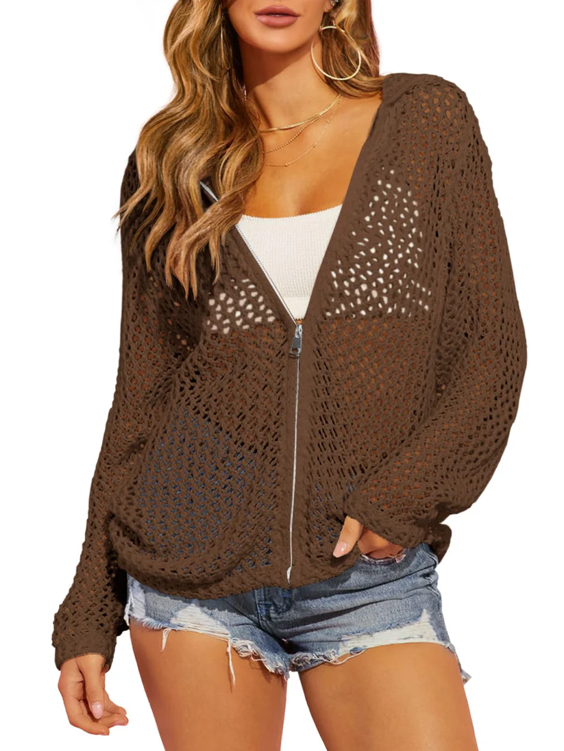 Artistic Hollow-Out Crochet Zip-Up Hooded Cardigan