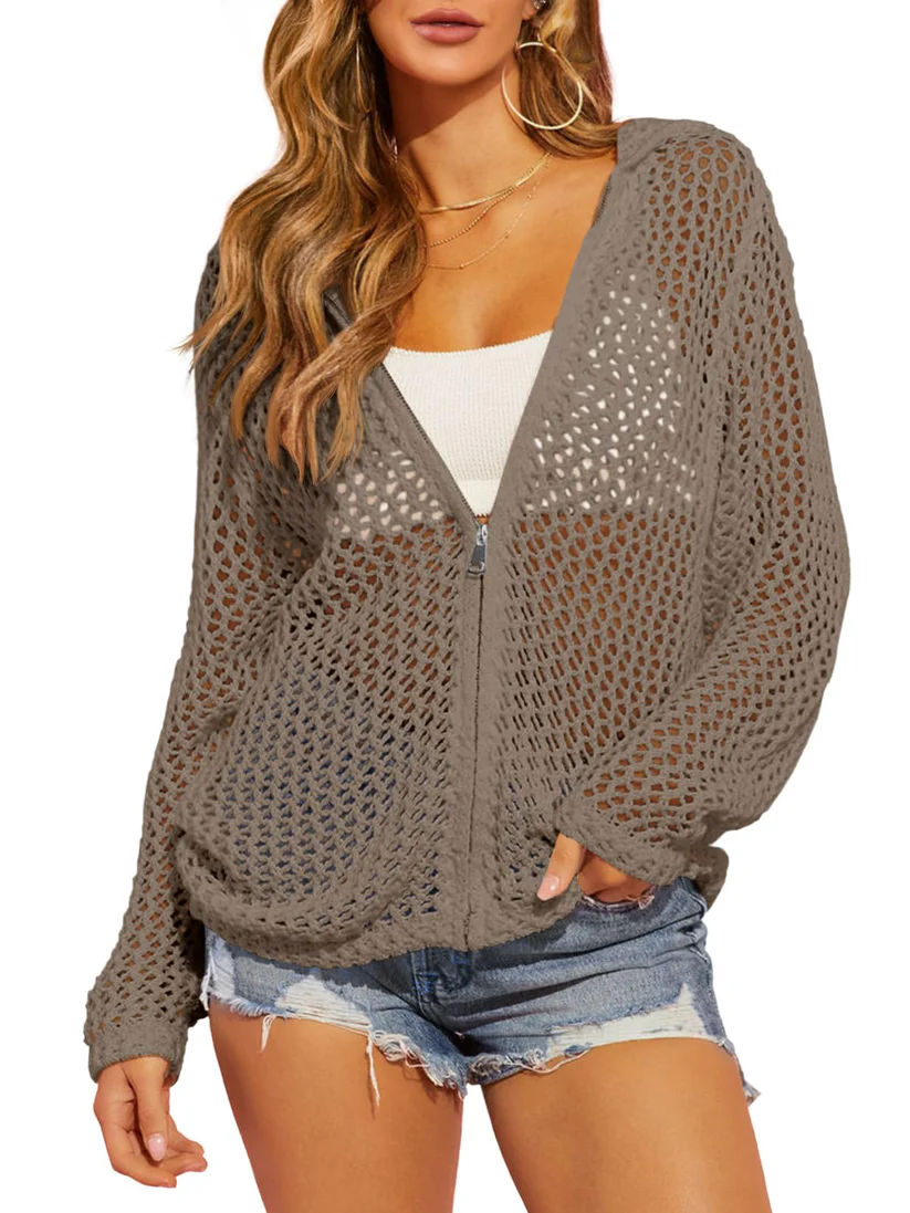 Artistic Hollow-Out Crochet Zip-Up Hooded Cardigan