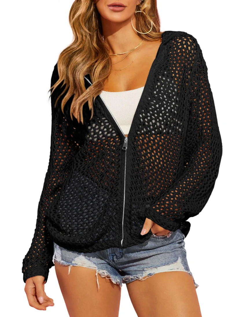 Artistic Hollow-Out Crochet Zip-Up Hooded Cardigan