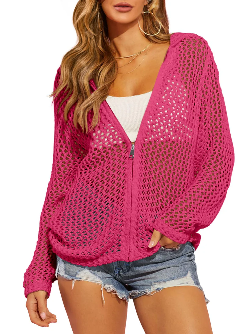 Artistic Hollow-Out Crochet Zip-Up Hooded Cardigan