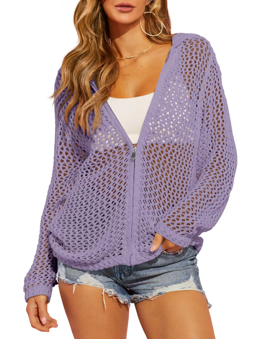 Artistic Hollow-Out Crochet Zip-Up Hooded Cardigan