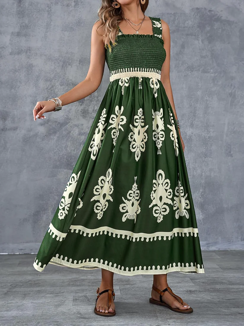 Bohemian Medallion Print Smocked Maxi Dress