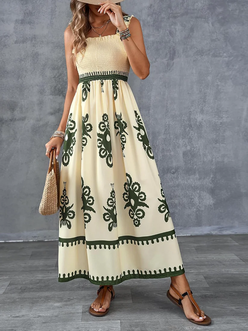 Bohemian Medallion Print Smocked Maxi Dress