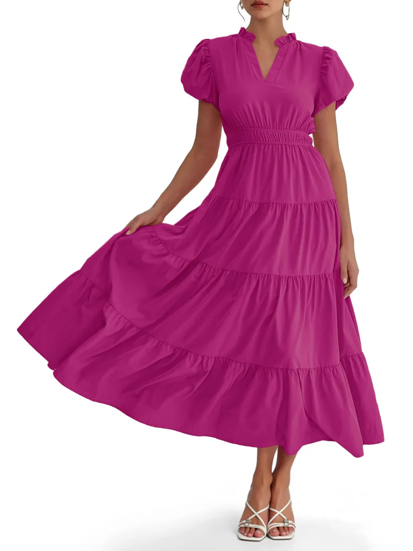 Charming Solid Ruffle-Neck Tiered Maxi Dress