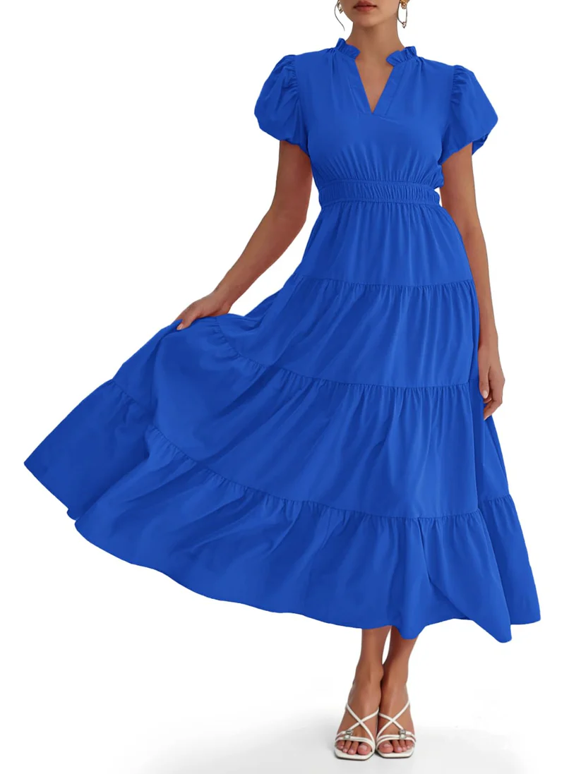 Charming Solid Ruffle-Neck Tiered Maxi Dress