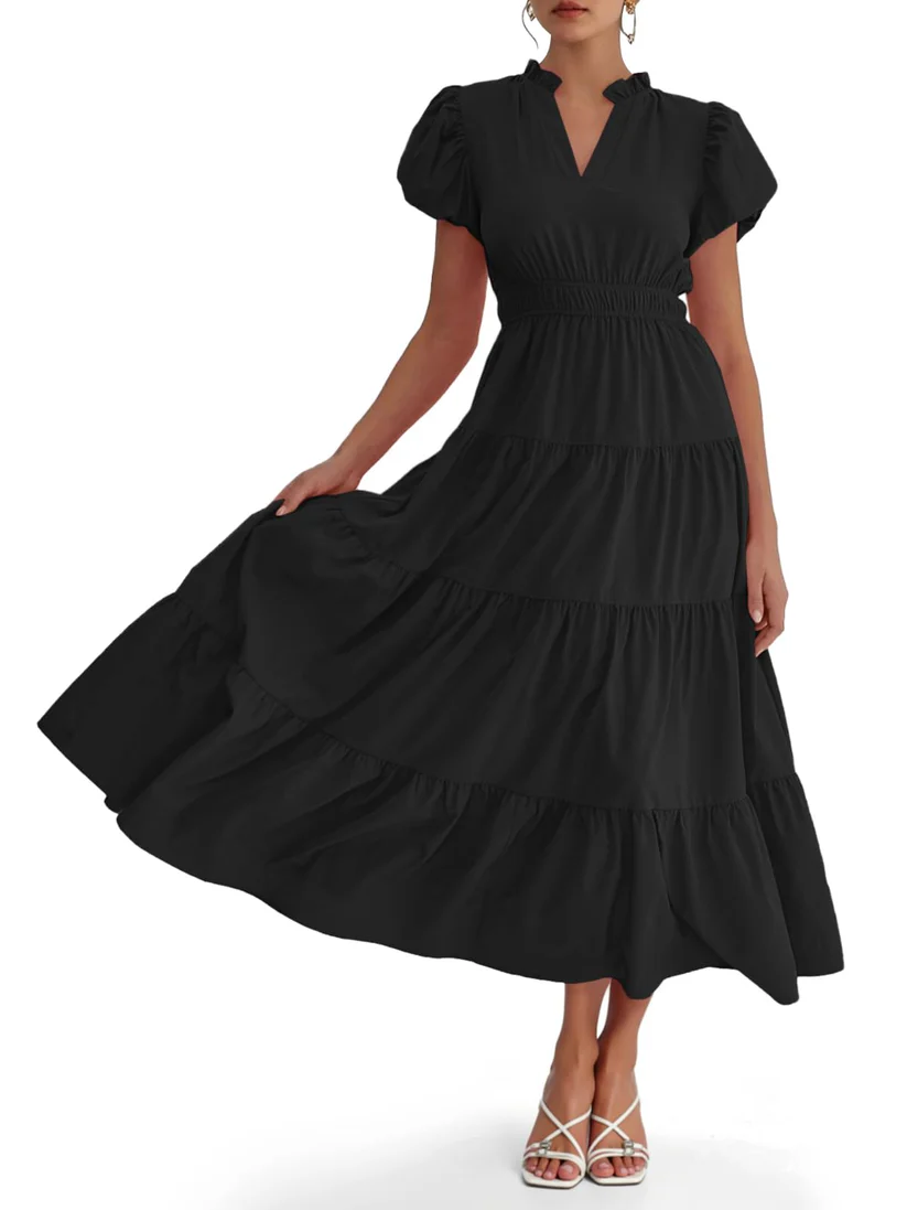 Charming Solid Ruffle-Neck Tiered Maxi Dress