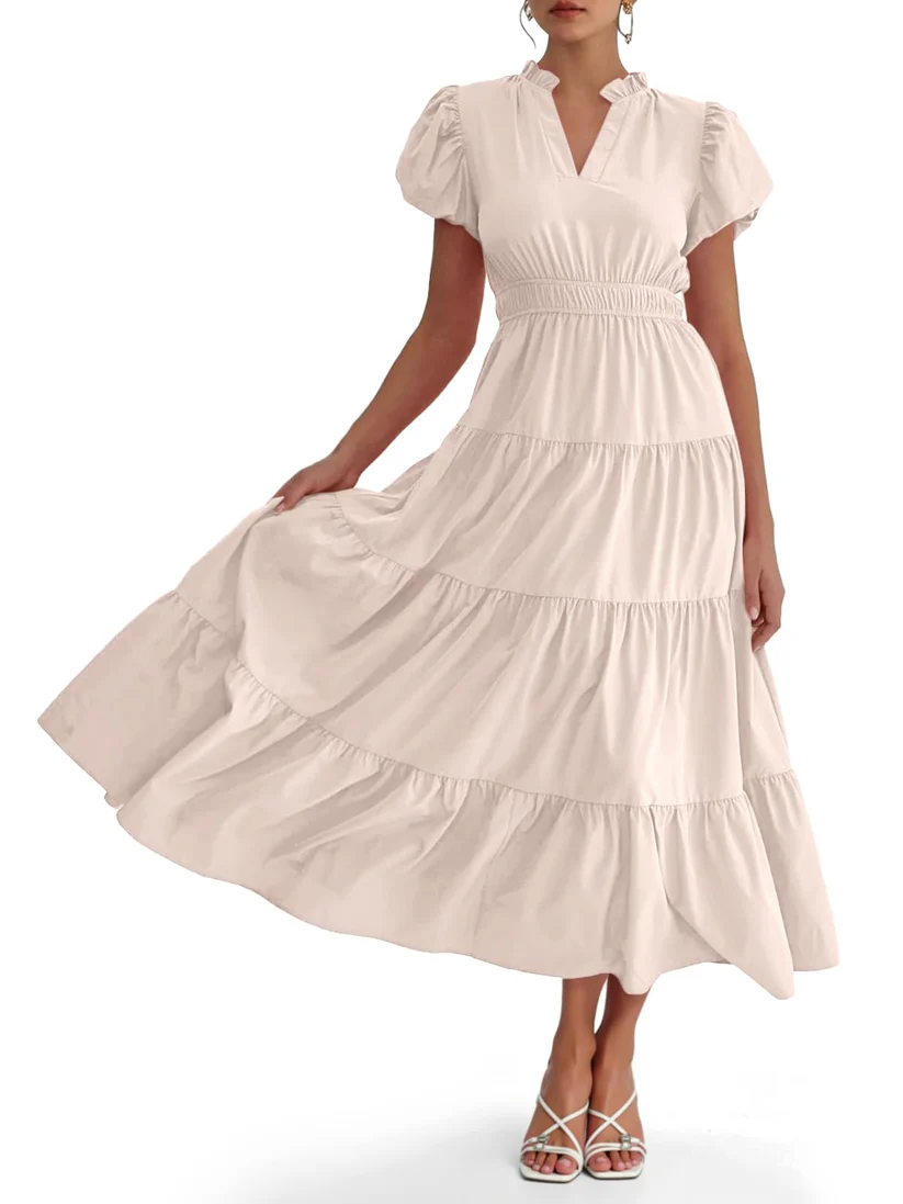 Charming Solid Ruffle-Neck Tiered Maxi Dress