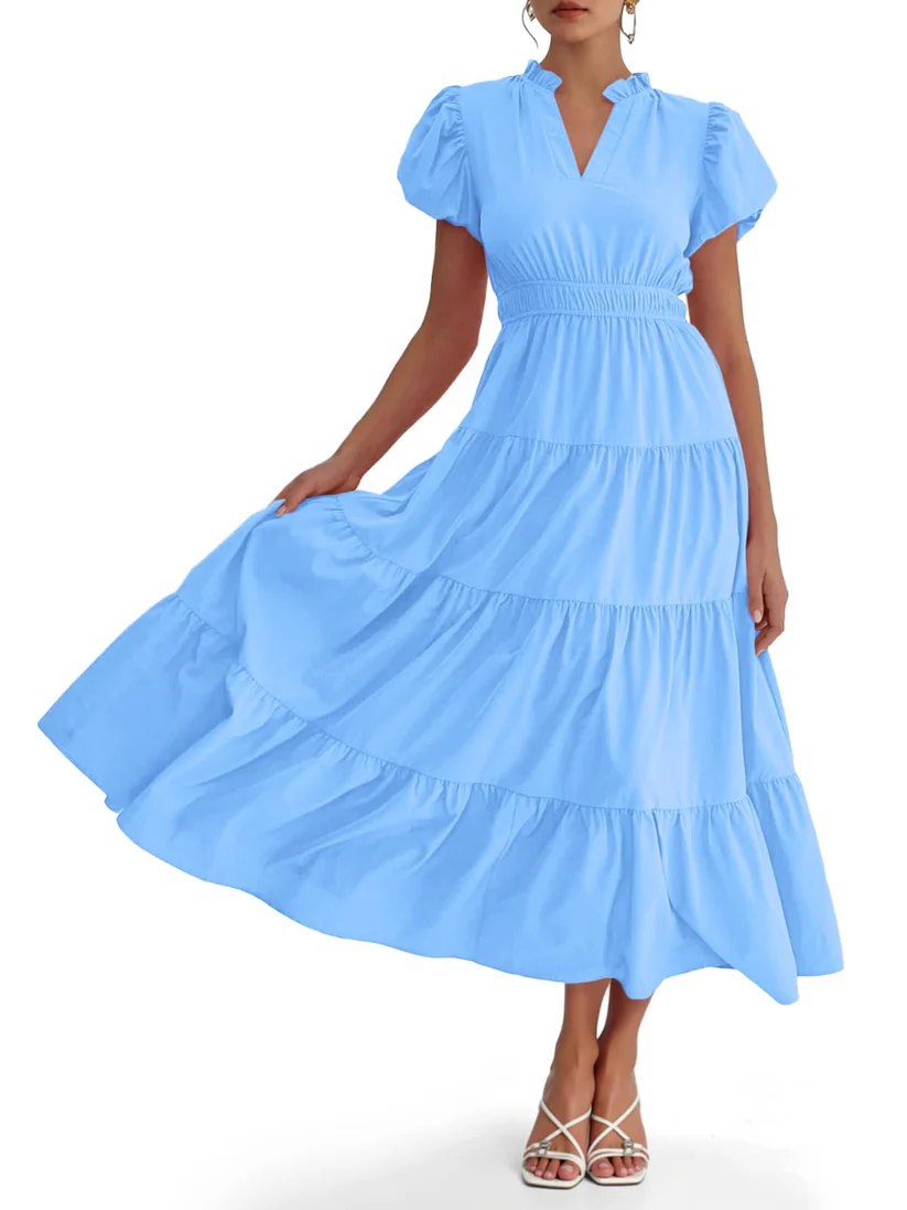 Charming Solid Ruffle-Neck Tiered Maxi Dress