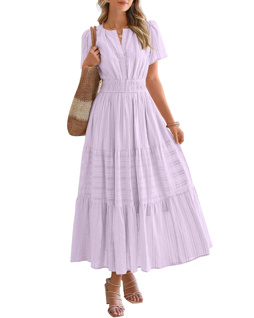 Elegant Lilac Smocked Tiered Maxi Dress