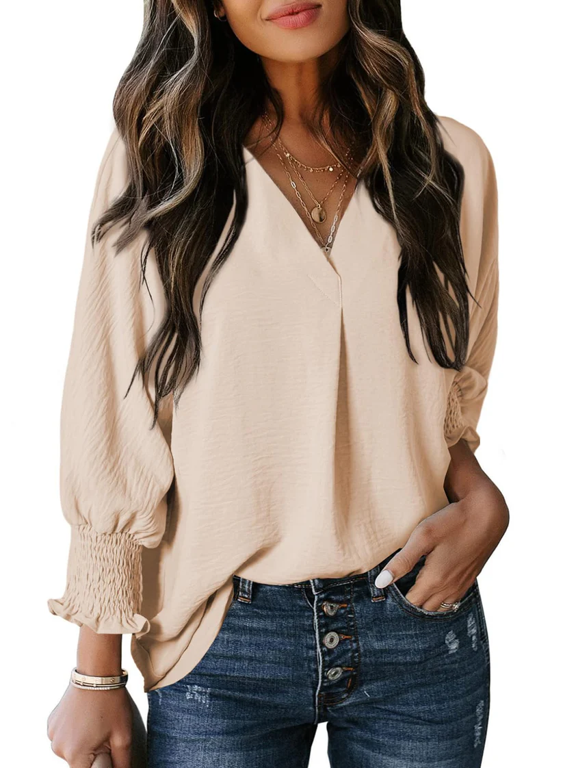 Charming Solid Smocked-Cuff V-Neck Blouse