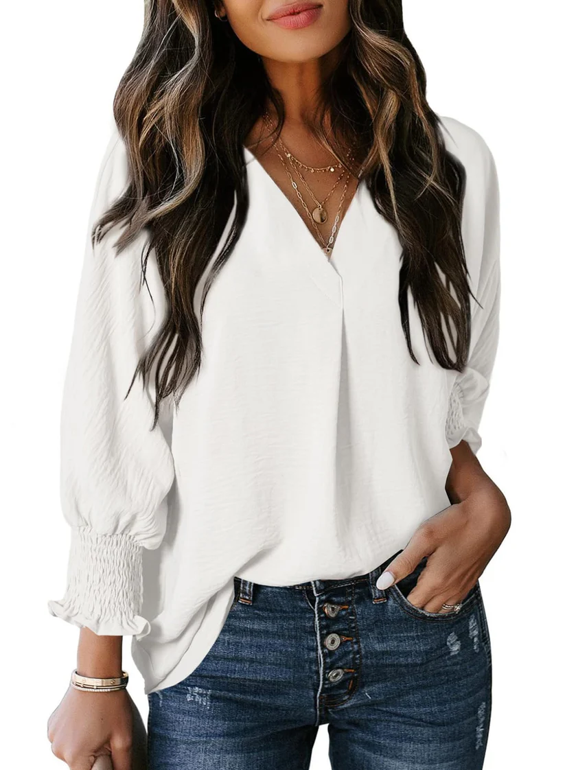 Charming Solid Smocked-Cuff V-Neck Blouse