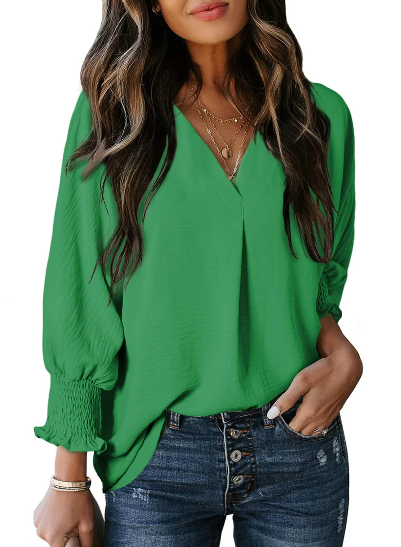 Charming Solid Smocked-Cuff V-Neck Blouse