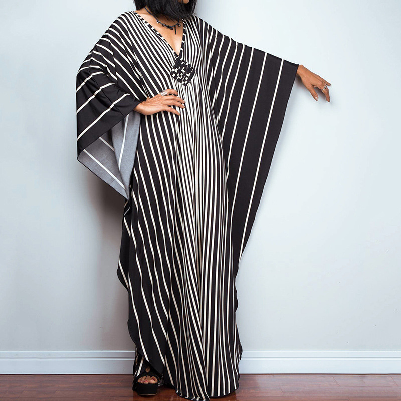 Artistic Striped V-Neck Kaftan Maxi Dress
