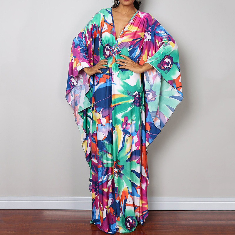 Artistic Striped V-Neck Kaftan Maxi Dress