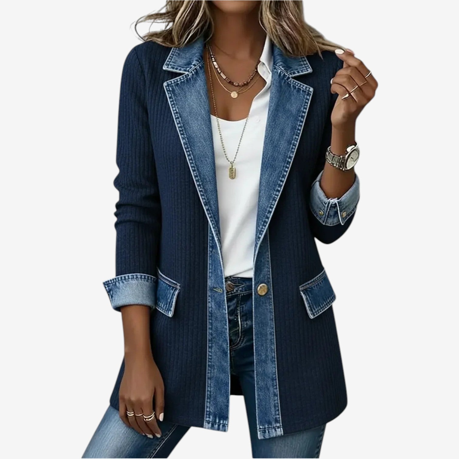 Denim Ribbed Patchwork Longline Jacket