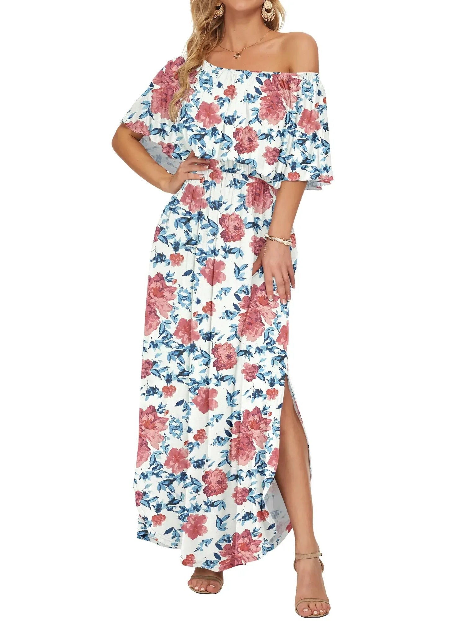 Elegant Off-The-Shoulder Floral Side-Slit Maxi Dress