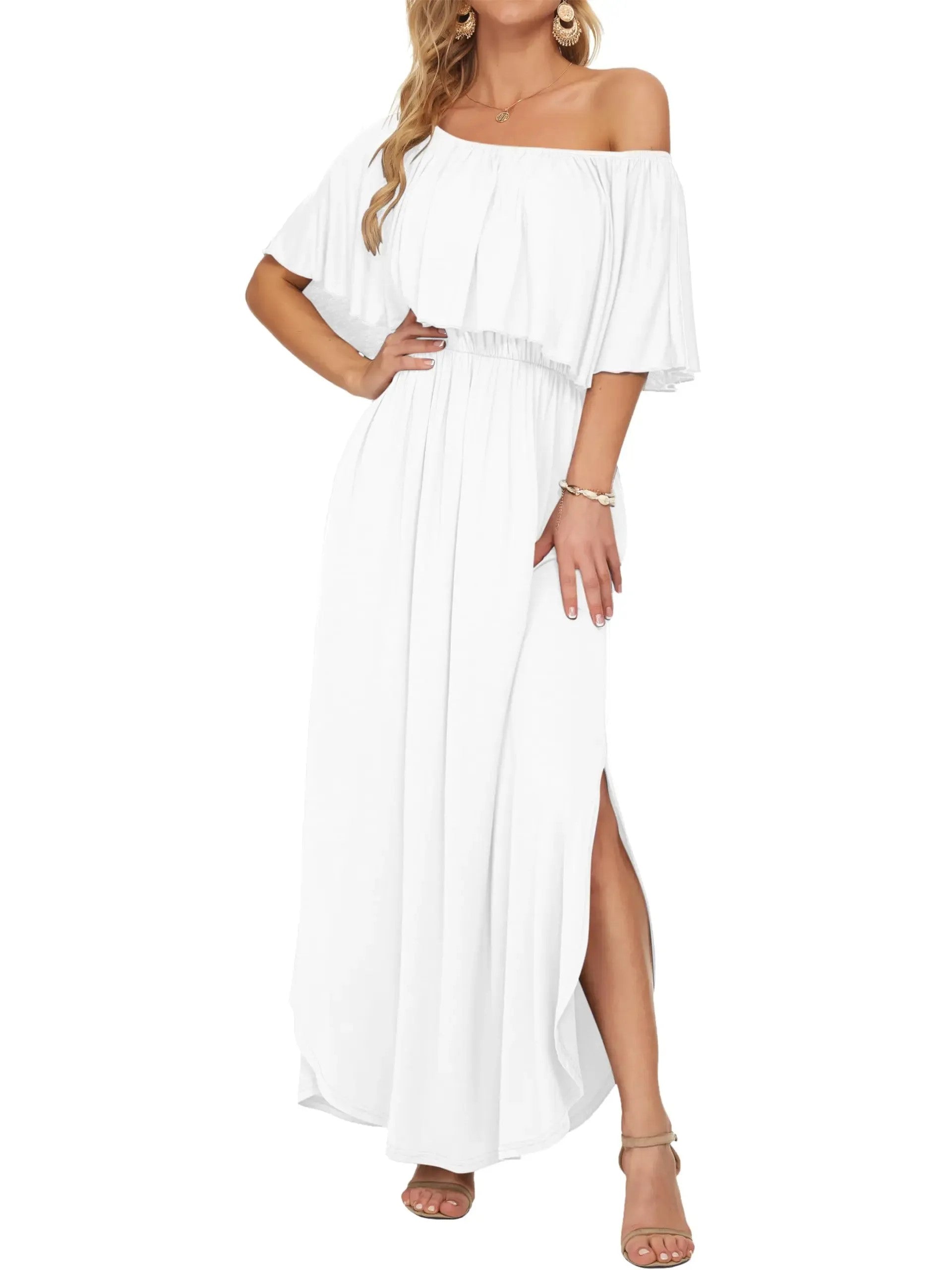 Elegant Off-The-Shoulder Floral Side-Slit Maxi Dress