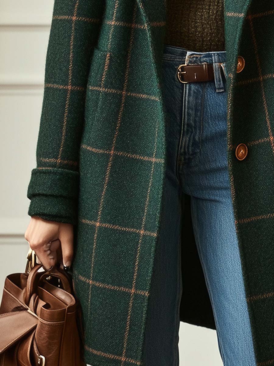 Gemma™ | Windowpane Check Single-Breasted Notched-Lapel Coat