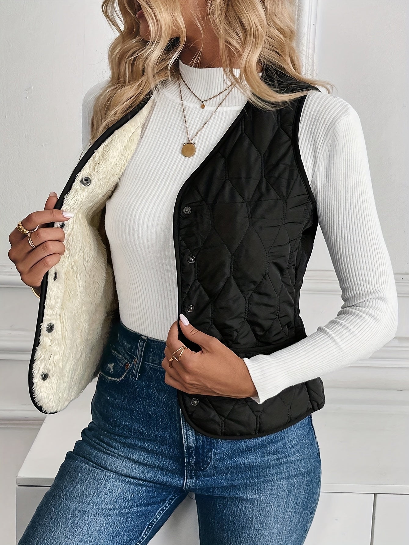 Cybele™ | Quilted sherpa-lined snap-front jacket