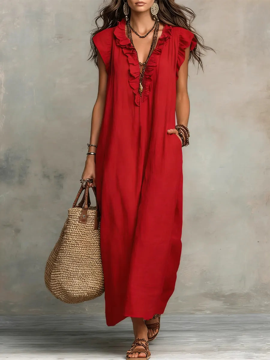 Ruffle-Trim Boho Linen Sleeveless Maxi Dress