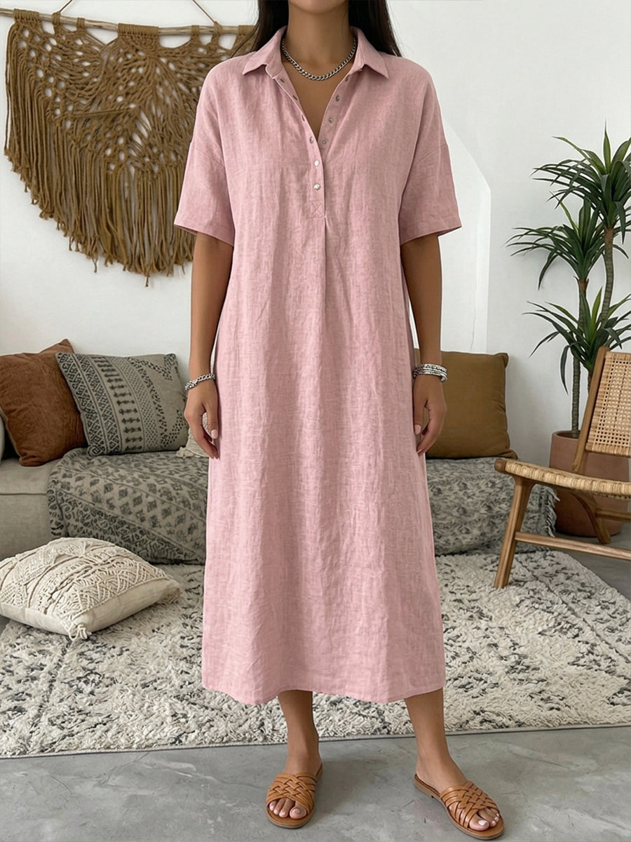 Polo Collar Casual Linen Maxi Dress